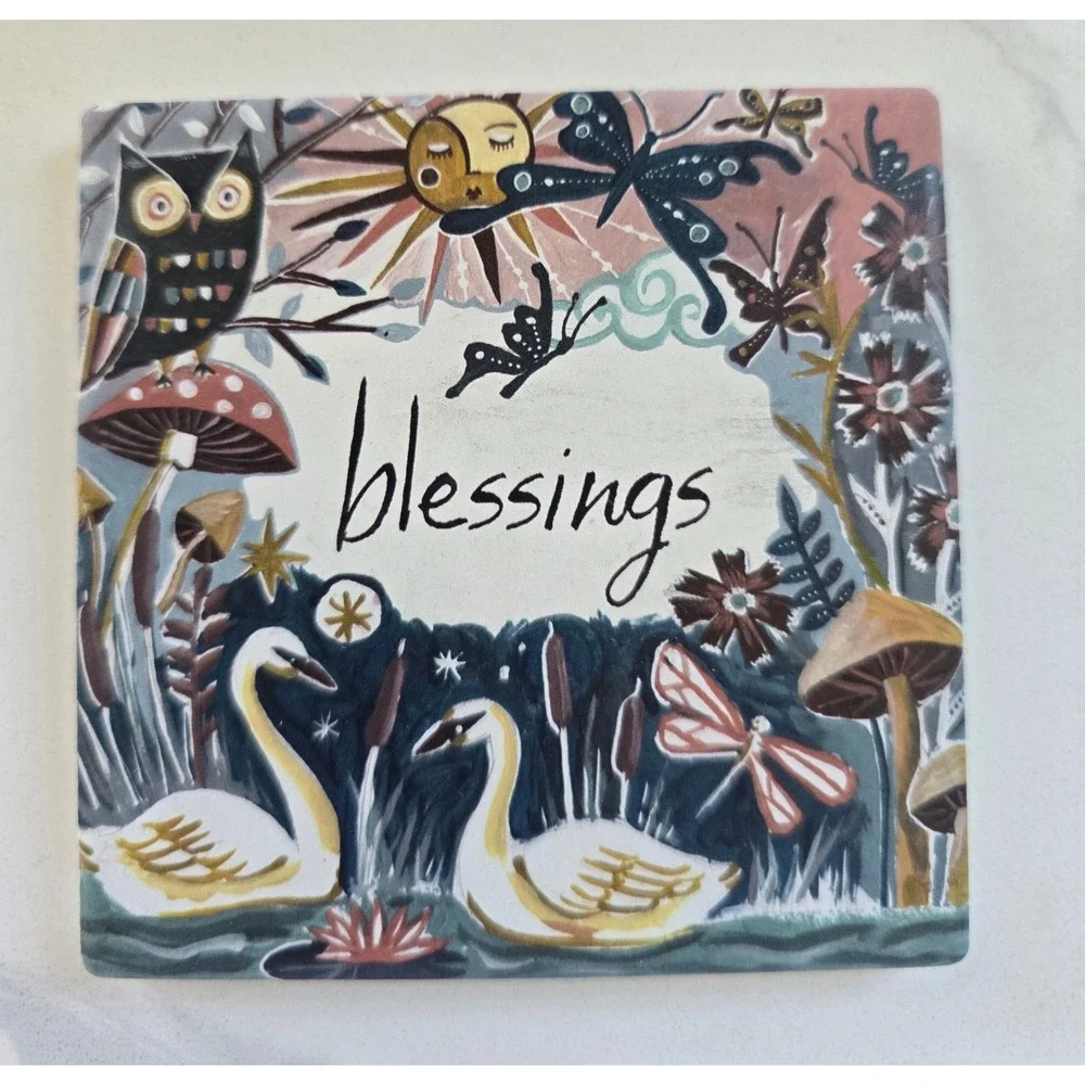 Set of 4‎ Whimsical Ceramic Coasters Forest Folk Art Love Believe Blessings Joy